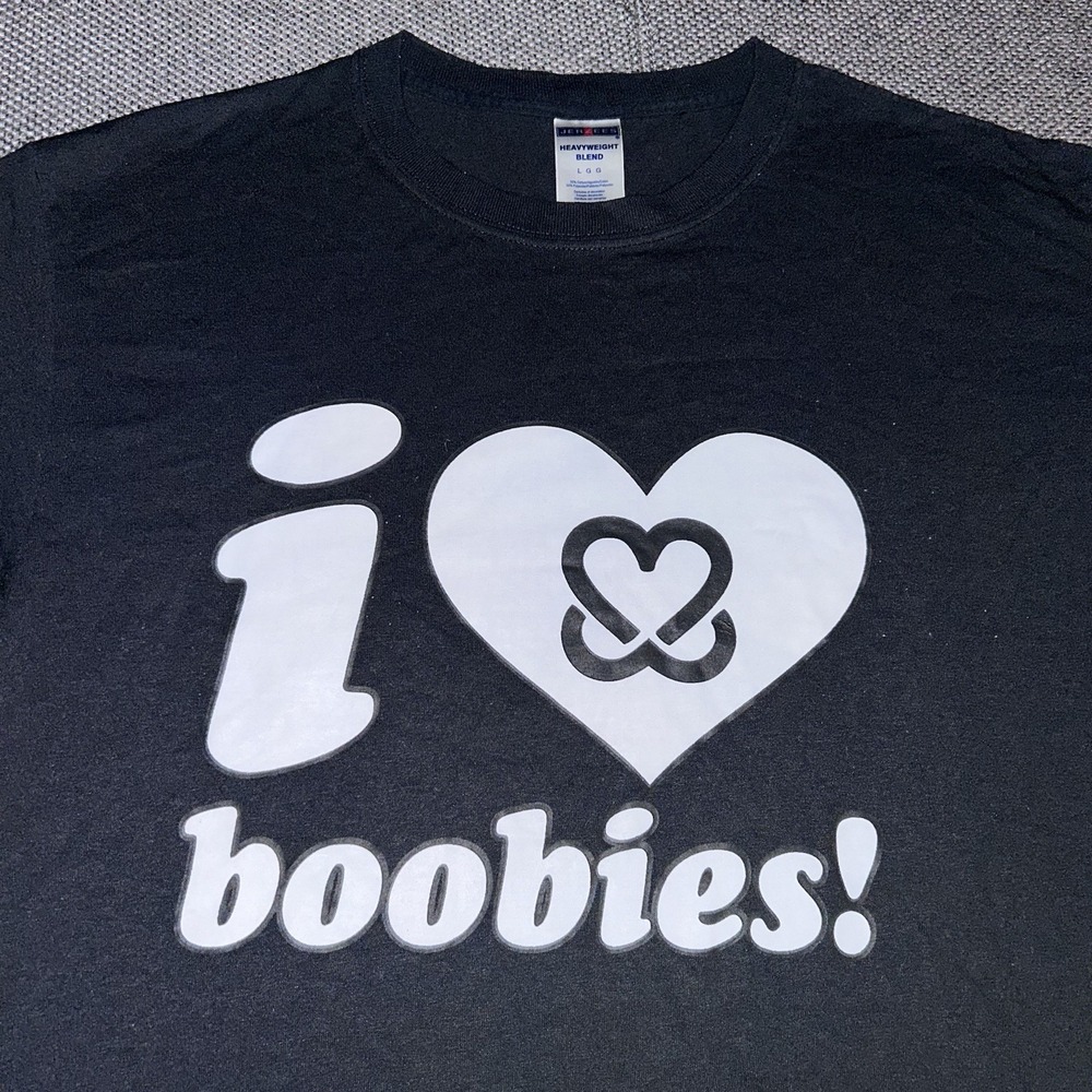 Vintage Y2K 2000s 'I Heart Boobies!' Black/White T Shirt Mens Large Rare 2000s